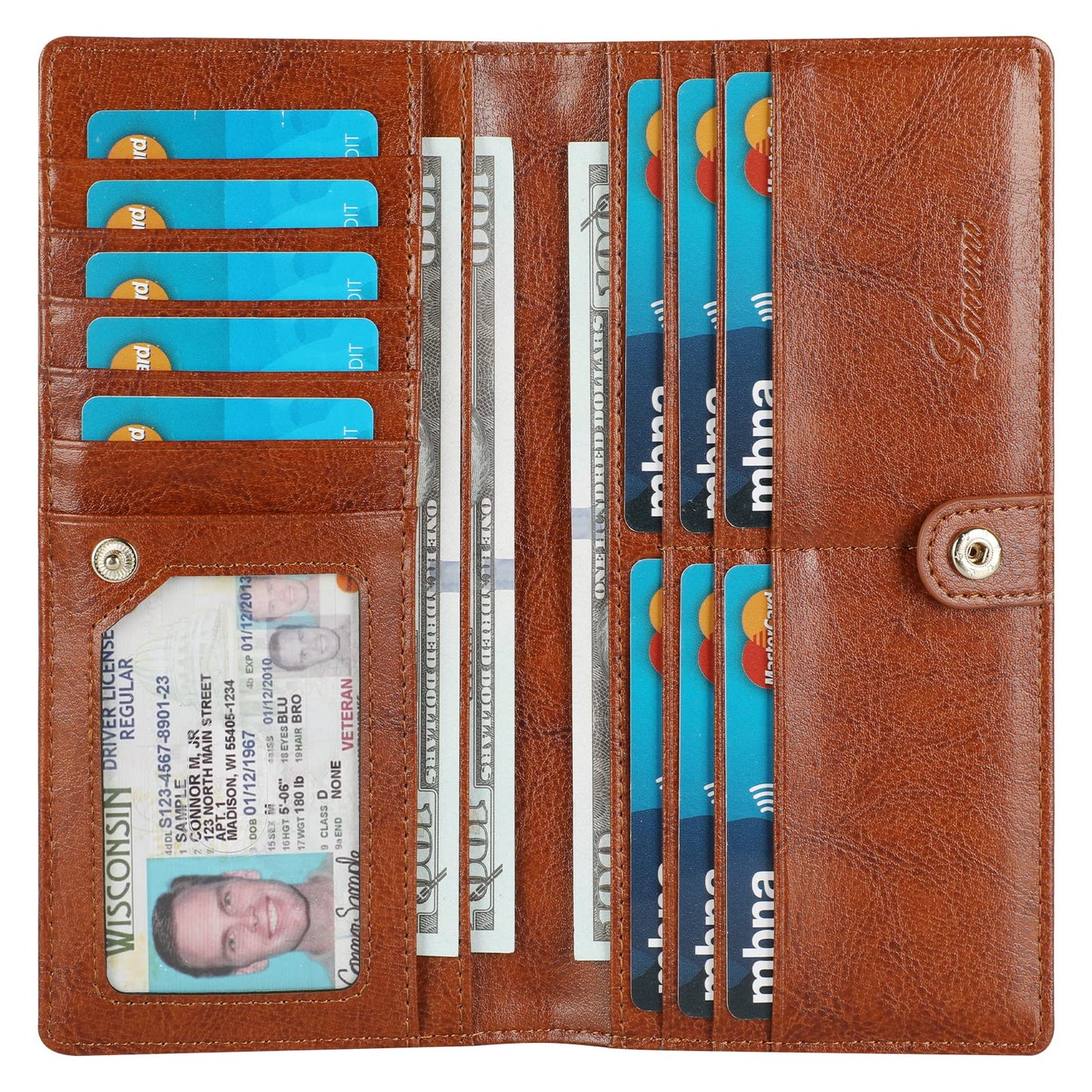 Lavemi Ultra Slim Thin Leather Women Wallet RFID Blocking Credit Card Holder Bifold Long Ladies Billfold (2-Waxed Brown)