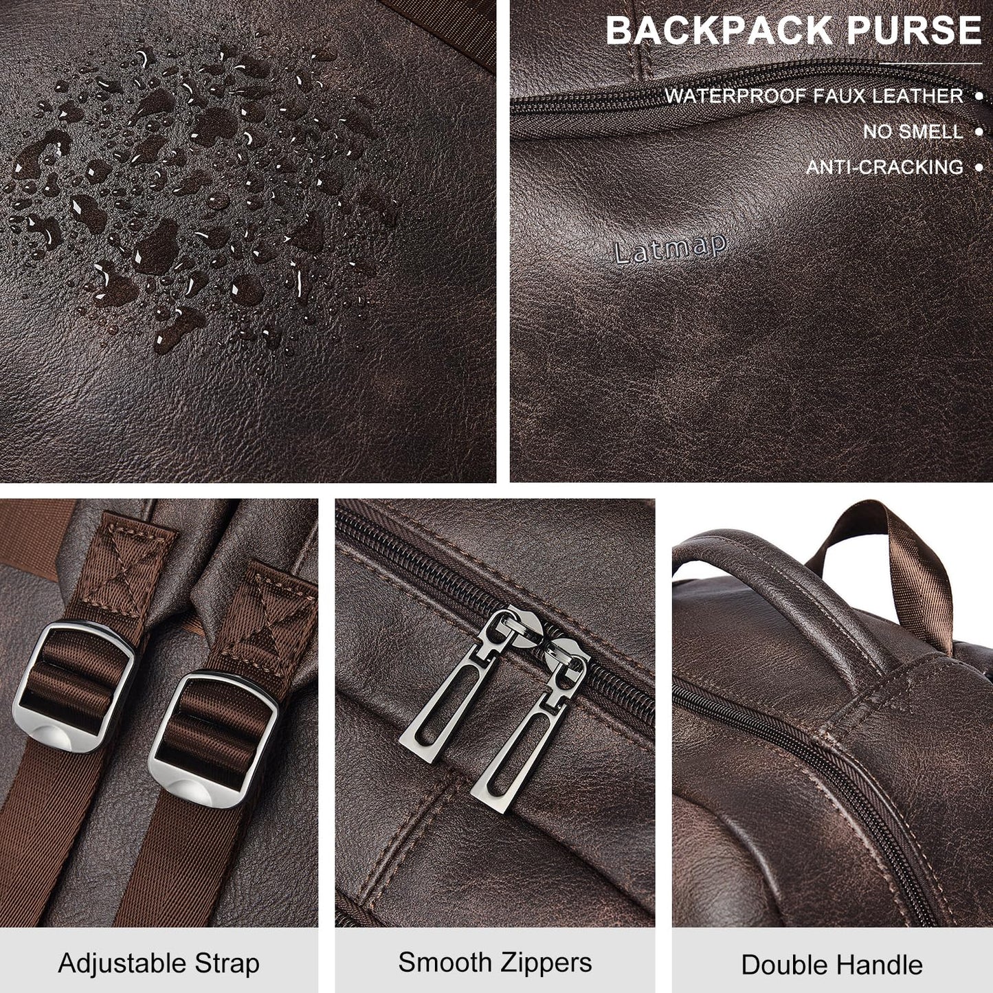 LATMAP 30L Backpack Purse for Women Men Laptop Backpack, Faux Leather Travel Work Backpack Teacher Bookbag fits 15.6" Laptop,Coffee