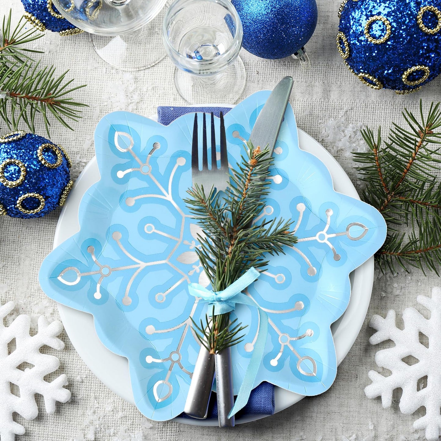 JarThenaAMCS 48Pcs Christmas Snowflake Paper Plates Silver Foil Blue Snowflake Shape Disposable Plates Winter Party Tableware for Xmas Wedding Birthday Table Decor Supplies