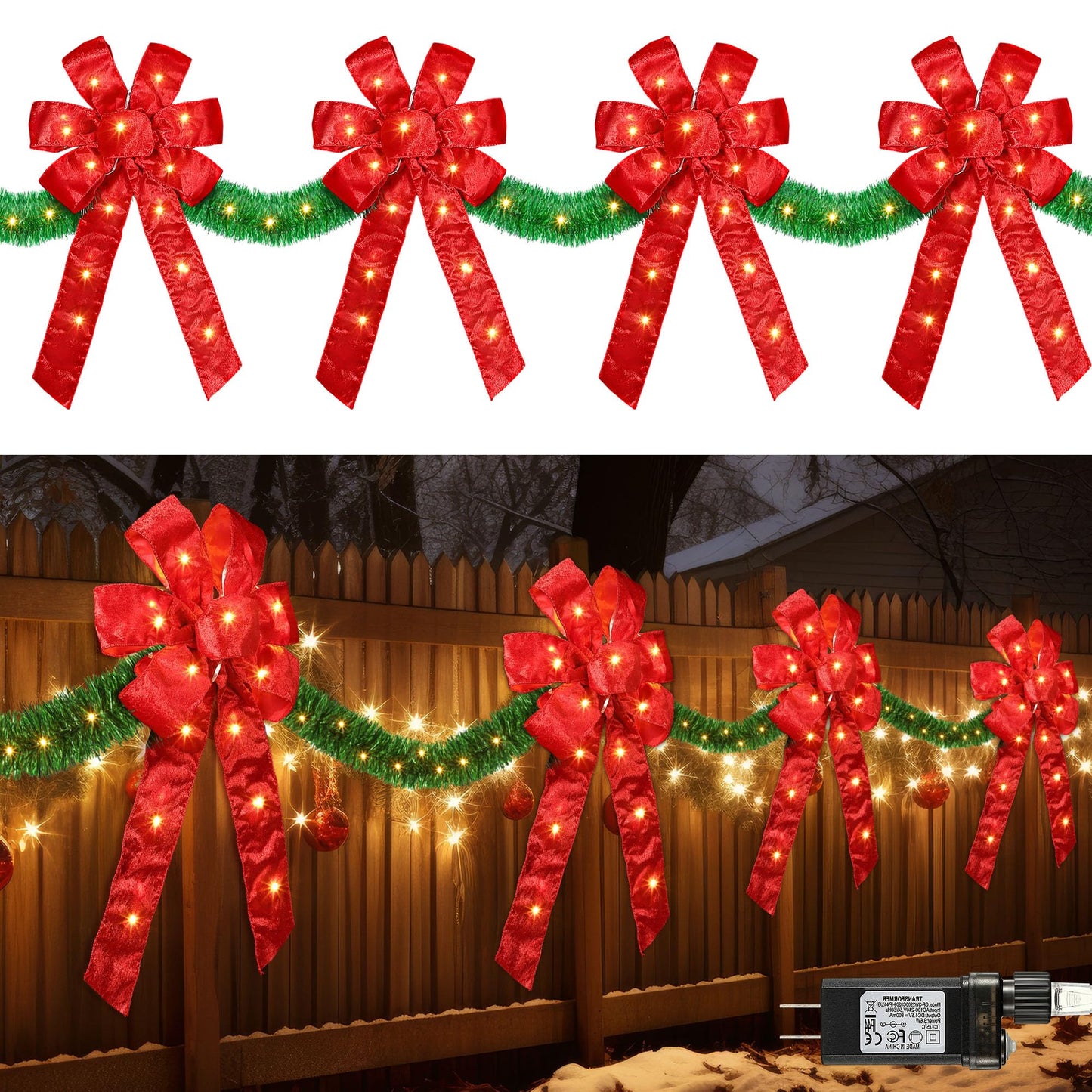 13 FT Christmas Bows Fence Decoration, 140LED Lighted Large Christmas Bows Decoration with 8 Mode and Timing Ornament for Party Front Door Fireplace (Red,Artificial Garland)