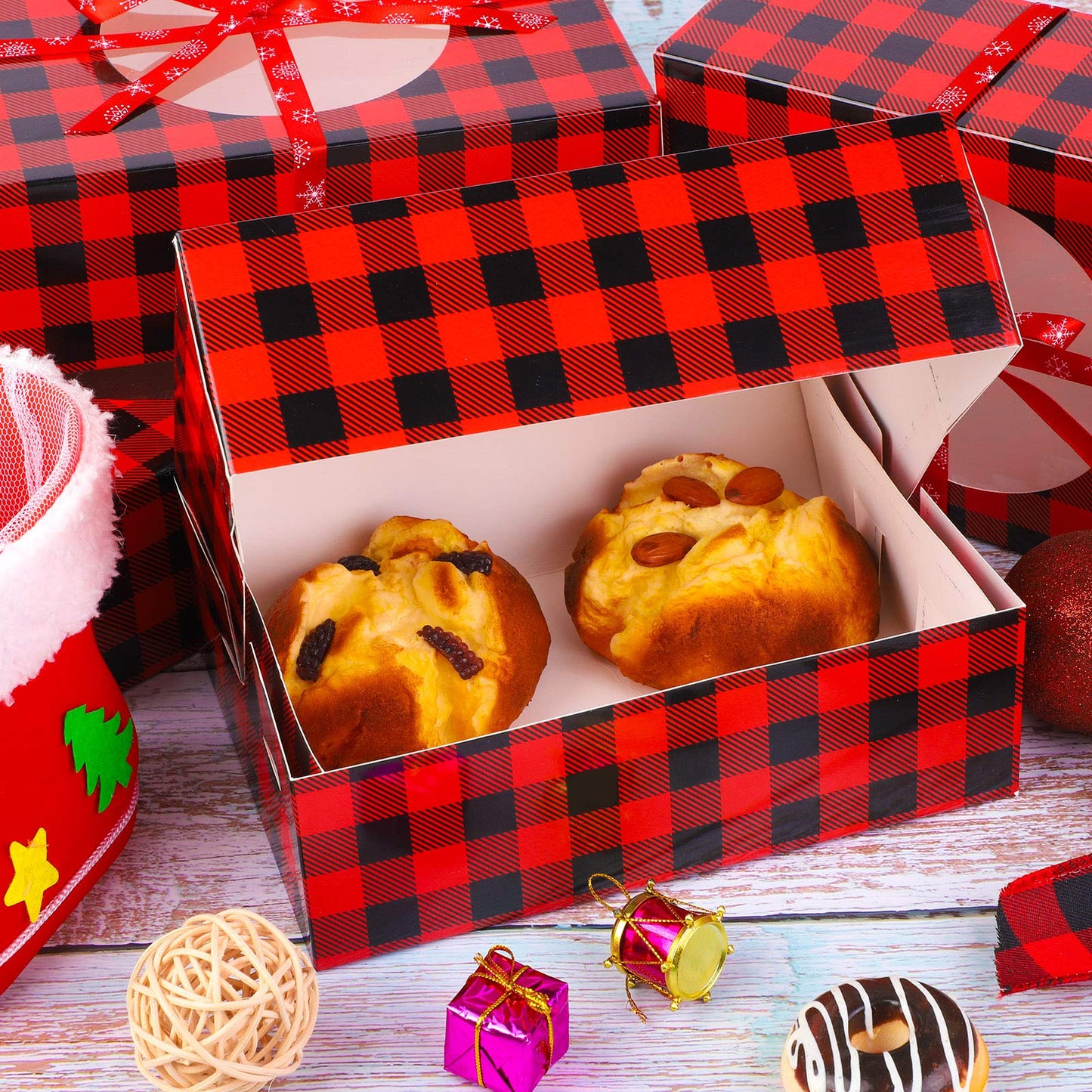 Aneco 12 Pack Christmas Cookie Boxes with Window Red and Black Plaid Holiday Treat Boxes Paper Food Boxes Xmas Gift Bags Cake Candy for Gift Giving Bakery Packaging Containers