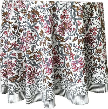 ATOSII Eden Multicolor 100% Cotton Round Tablecloth, Handblock Print Floral Table Cloth for Kitchen Dining Linen I Parties, Weddings, Outdoors, Holidays I Fall Home Decor 60" Inches Round