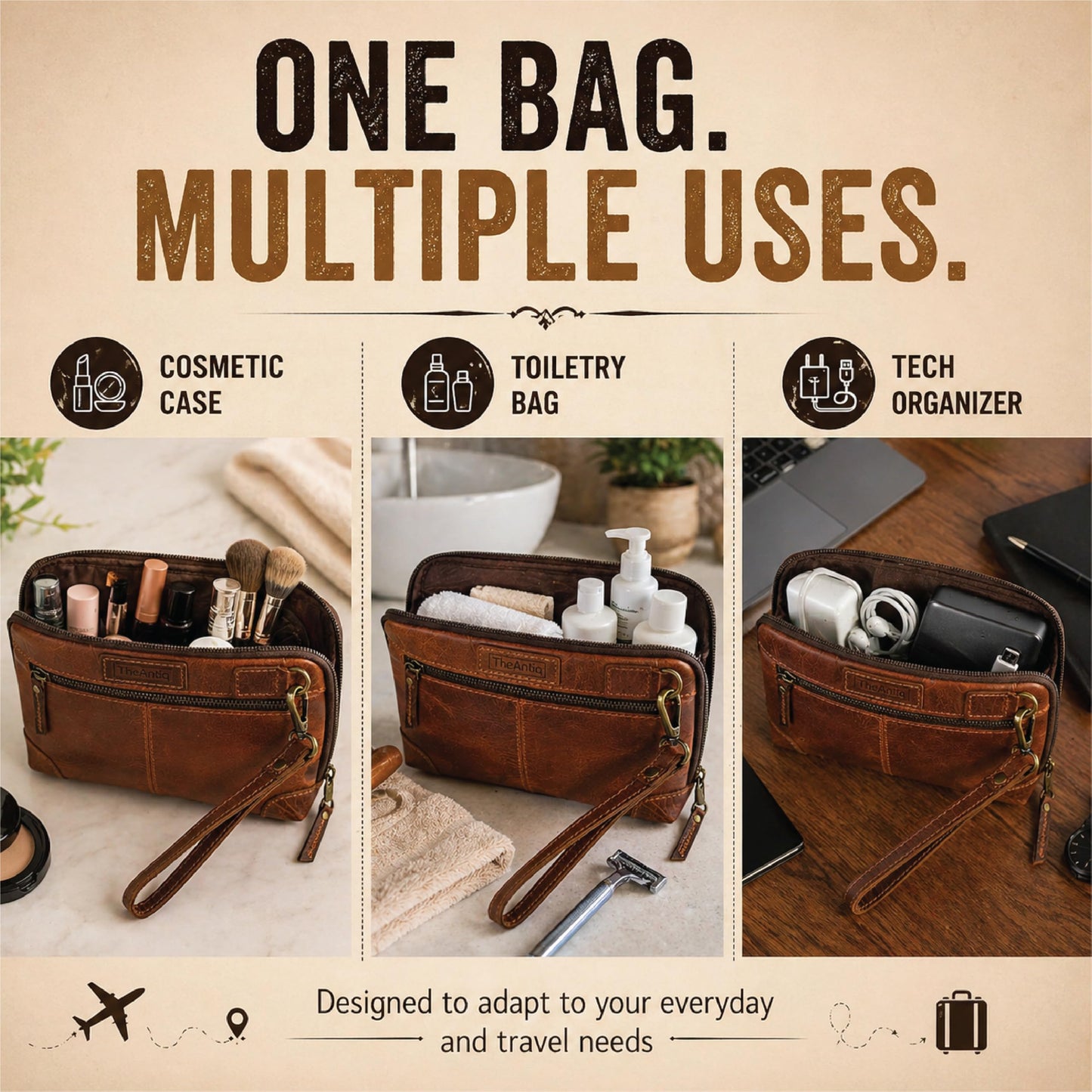 TheAntiq Genuine Leather Makeup Bag Travel Organizer, Premium Handcrafted Cosmetic Pouch with Zipper & Wrist Strap, Durable Toiletry Storage for Women & Men, 5 x 9- Tan