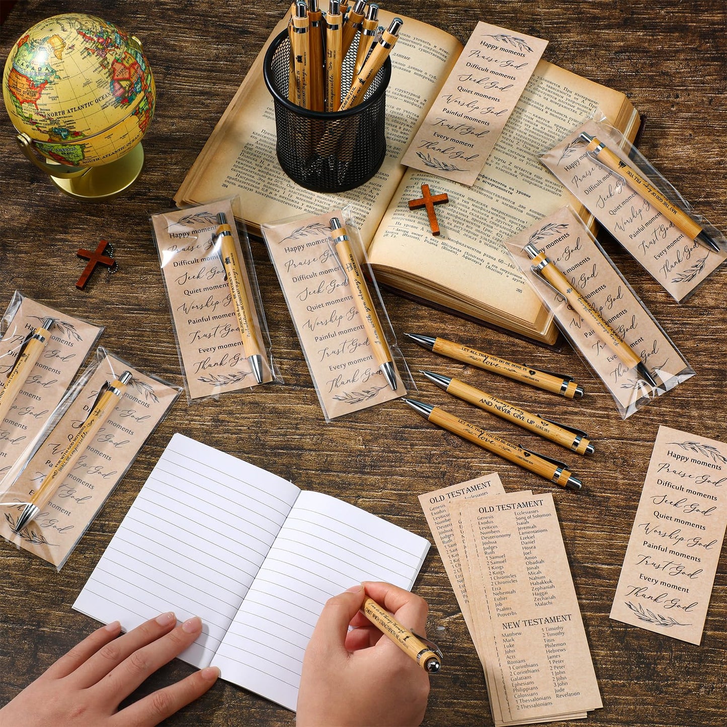 Spakon 100 Sets Fathers Day Gifts for Church Christian Pens Bulk Bible Verse Pen Religious Double Sided Emergency Numbers Bookmark for Men Women Sunday School