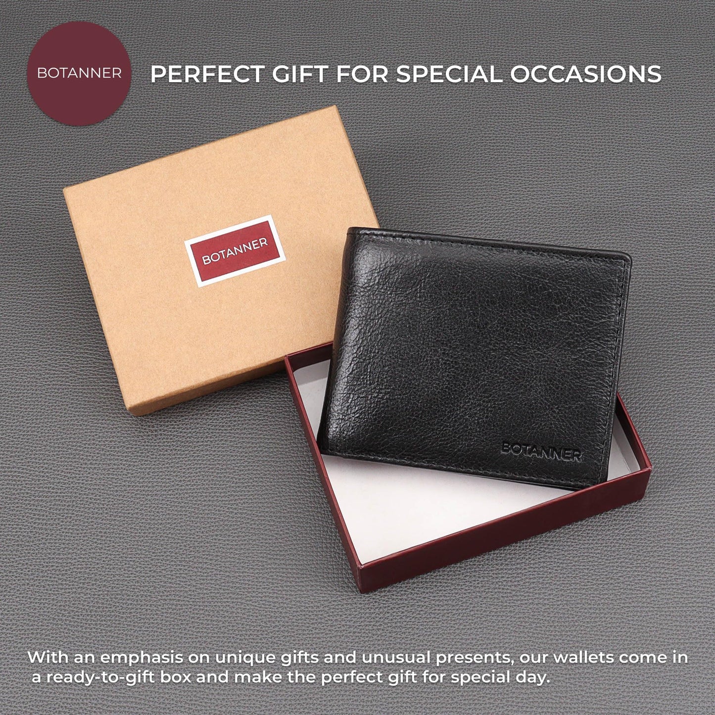 BOTANNER Genuine Leather Bifold Mens Slim Wallet RFID Blocking with 8 Credit Card Slots 2 Sections for Bills 2 Additional Slots | For Him (Black)