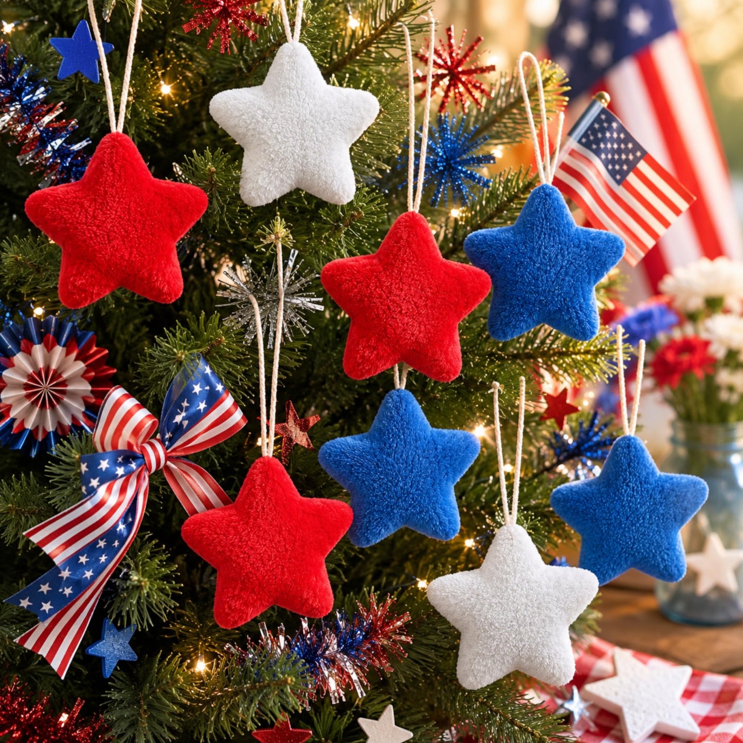 Teyva Daily 120 Pcs 4th of July Patriotic Plush Star Decorations Red White Blue Star Vase Filler for Independence Day, Memorial Day, Bowl Filler Tiered Tray Wreath Craft Table Scatter(2.36 Inches)