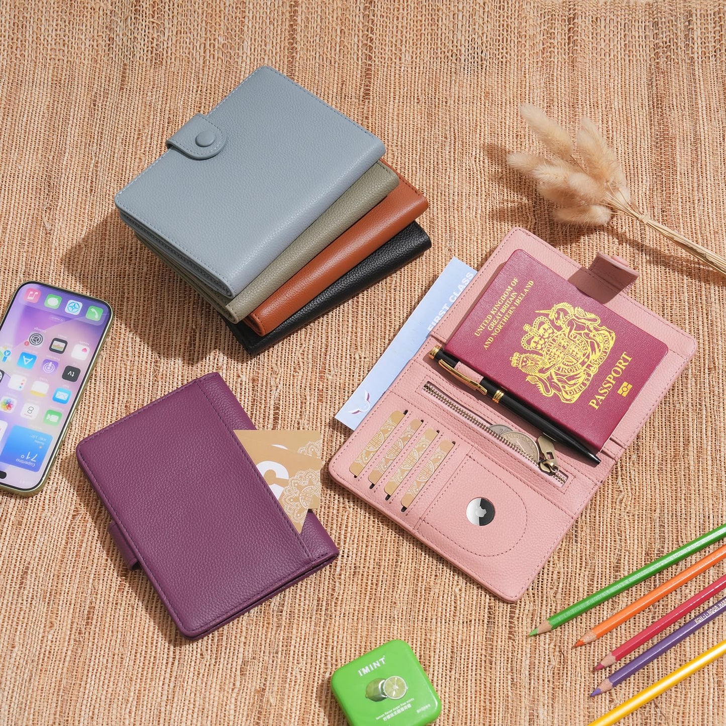 WASON Leather Passport Cover Wallet - Travel Passport Holder with RFID, Card Slots, Cash Pocket, Coin Purse, Tracker Slot, Boarding Pass and Ticket Organizer for Men and Women (Pink)