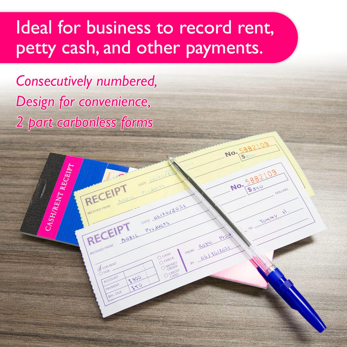 BAZIC Products Receipts Book, Money Cash Rent Receipts for Landlords, Business & Offices, 2-Part Carbonless Forms, 50 Sets 7 1/2" x 2 3/4", White with Bound Wraparound Cover, (50 Sets/Pack), 24-Packs