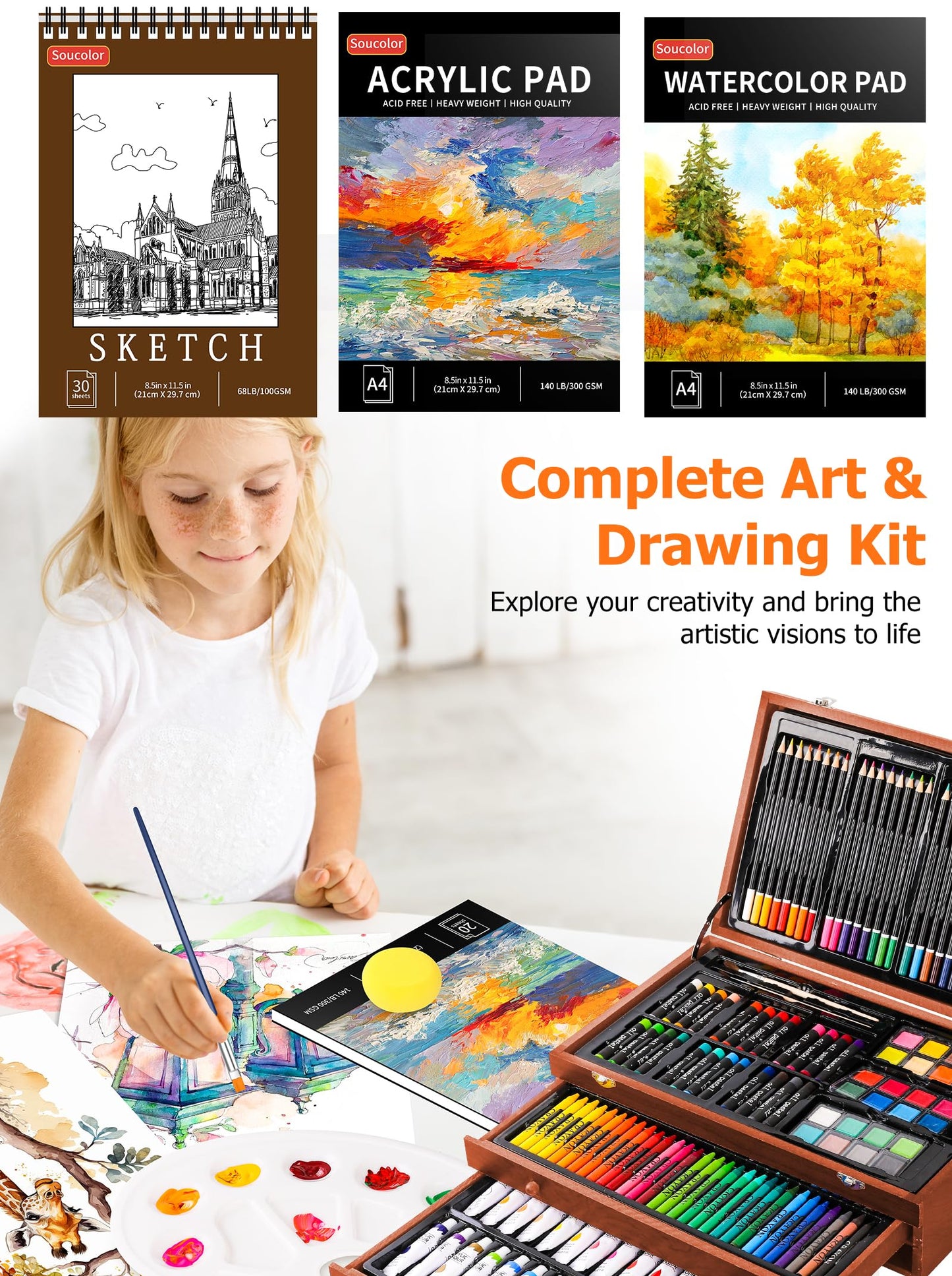 Soucolor Art Supplies, 192-Pack Deluxe Art Set Drawing Painting Supplies Kit with Acrylic Pad, Watercolor Pad, Sketch Book, Canvases, Acrylic Paint, Crayons, Pencils, Gifts for Artist Adults Teen Kids