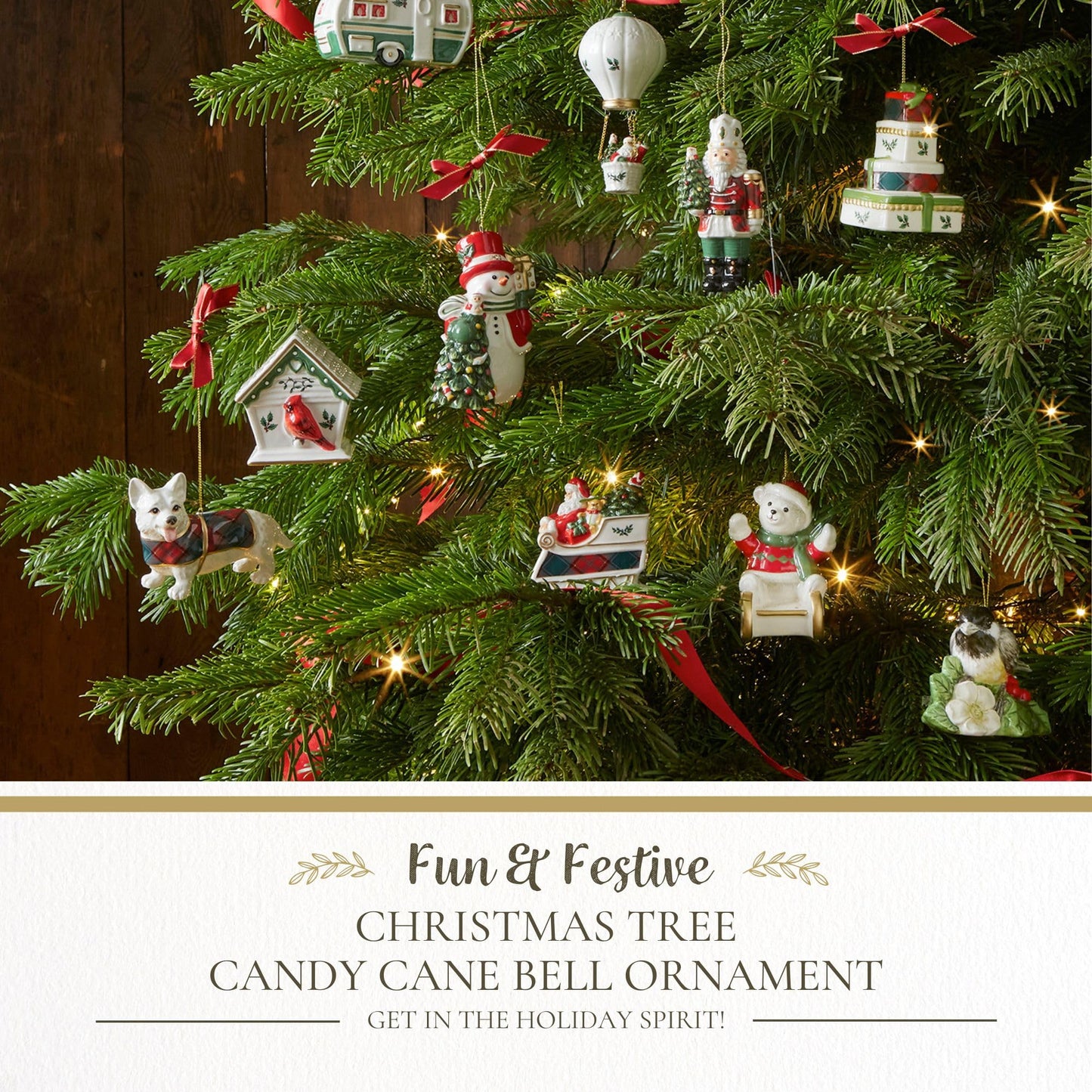 Spode Christmas Tree Candy Cane Bell Ornament, Elegant Hanging Decoration for Christmas Trees - Holiday Home Accents & Festive Ornament - Thoughtful Keepsake & Gift for Friends & Family