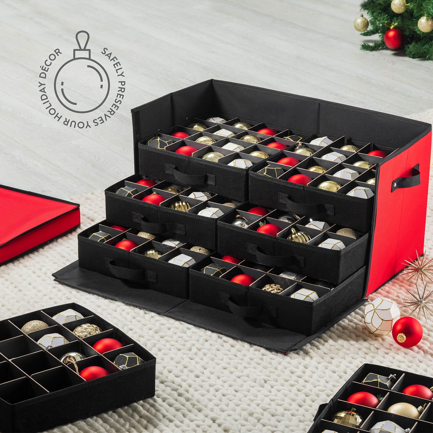 ZOBER Christmas Ornament Storage Box - Stores 128 3" Ornaments with Drawer Style Trays - Tear Proof 600D Oxford Fabric - Ornament Organizer Storage Box, Durable Christmas Containers Holder - Red
