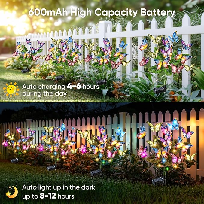 Solar Lights Outdoor Garden Decor: Gardening Gifts for Women Mom - 6 Pack 102 Butterfly Solar Lights with Colorful Bulbs - Outside Waterproof Christmas Decorations for Yard Patio Pathway Porch Lawn