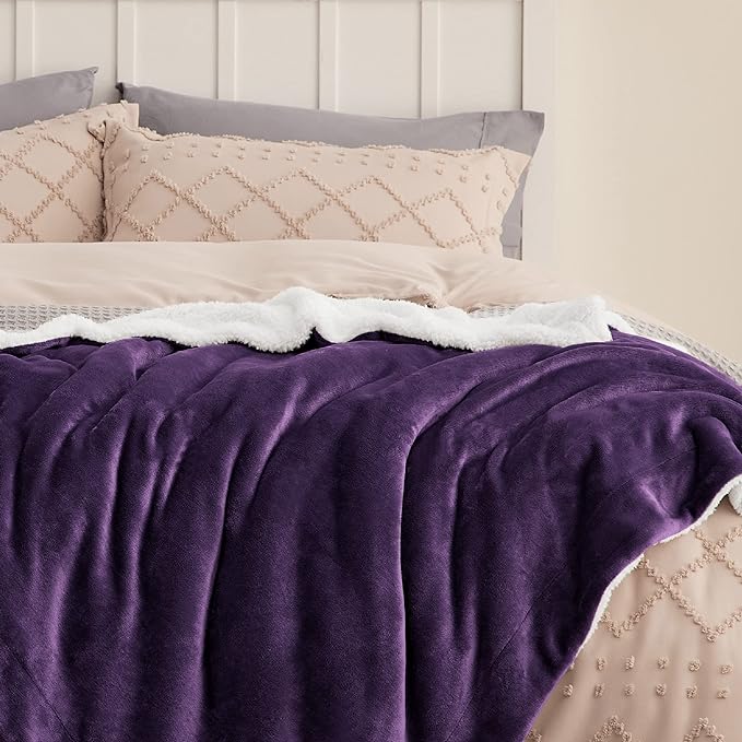 Bedsure GentleSoft Sherpa Fleece Blankets Queen Size for Bed - Thick and Warm Throw for Women, Soft Fuzzy Plush Queen Blanket for Winter, Purple, 90x90 Inches