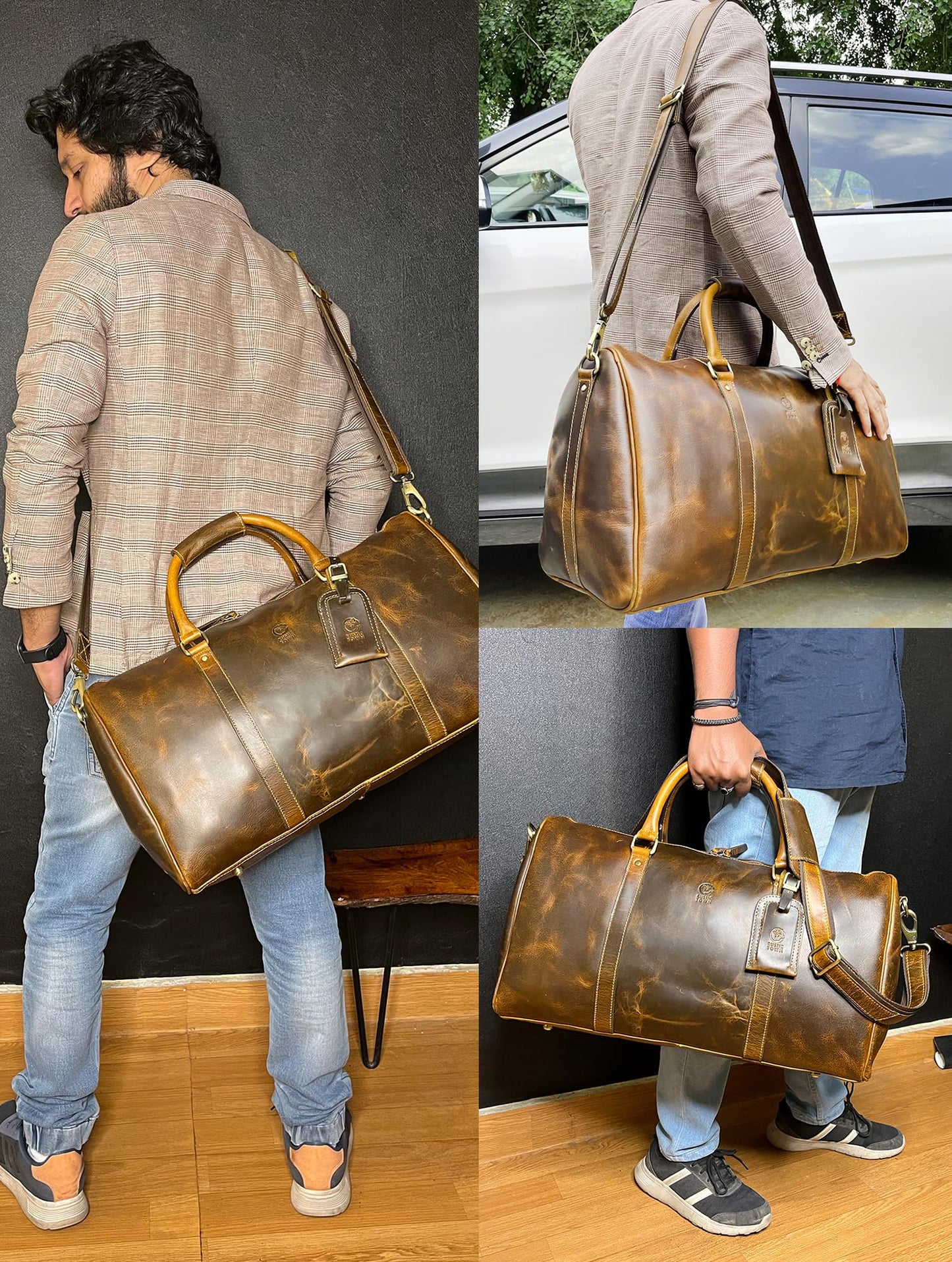 Leather Duffle Bag for Men - Full Grain Leather Travel Bag - TSA Approved Carry On Weekender Overnight Duffel Bag (20 inch)