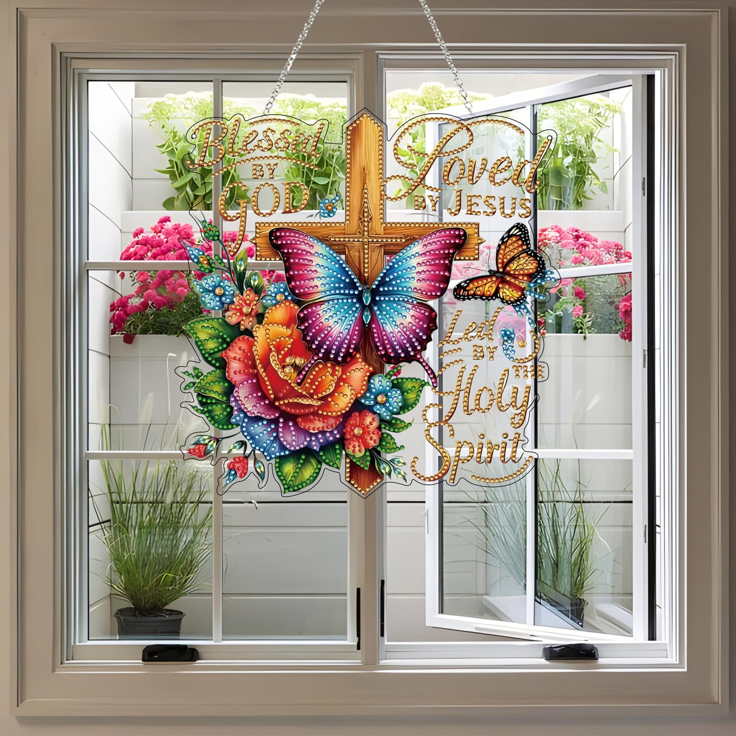 DIY Diamond Art Painting Wreath Kits，Special Shaped Rhinestone Hanging Ornament Diamond Art Window Pendants for Gift Home Garden Wall Hanging Kits,Double Sided (Cross)