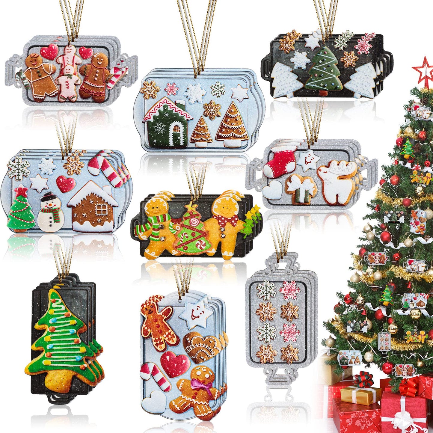 Karenhi 27 Pcs Christmas Gingerbread Man Cookie Tray Ornaments for Tree Wood Baking Cookie Candy Cane Snowflake Star Sock Elk Tray Hanging Decorations for Xmas Tree Party Kitchen Home Decor
