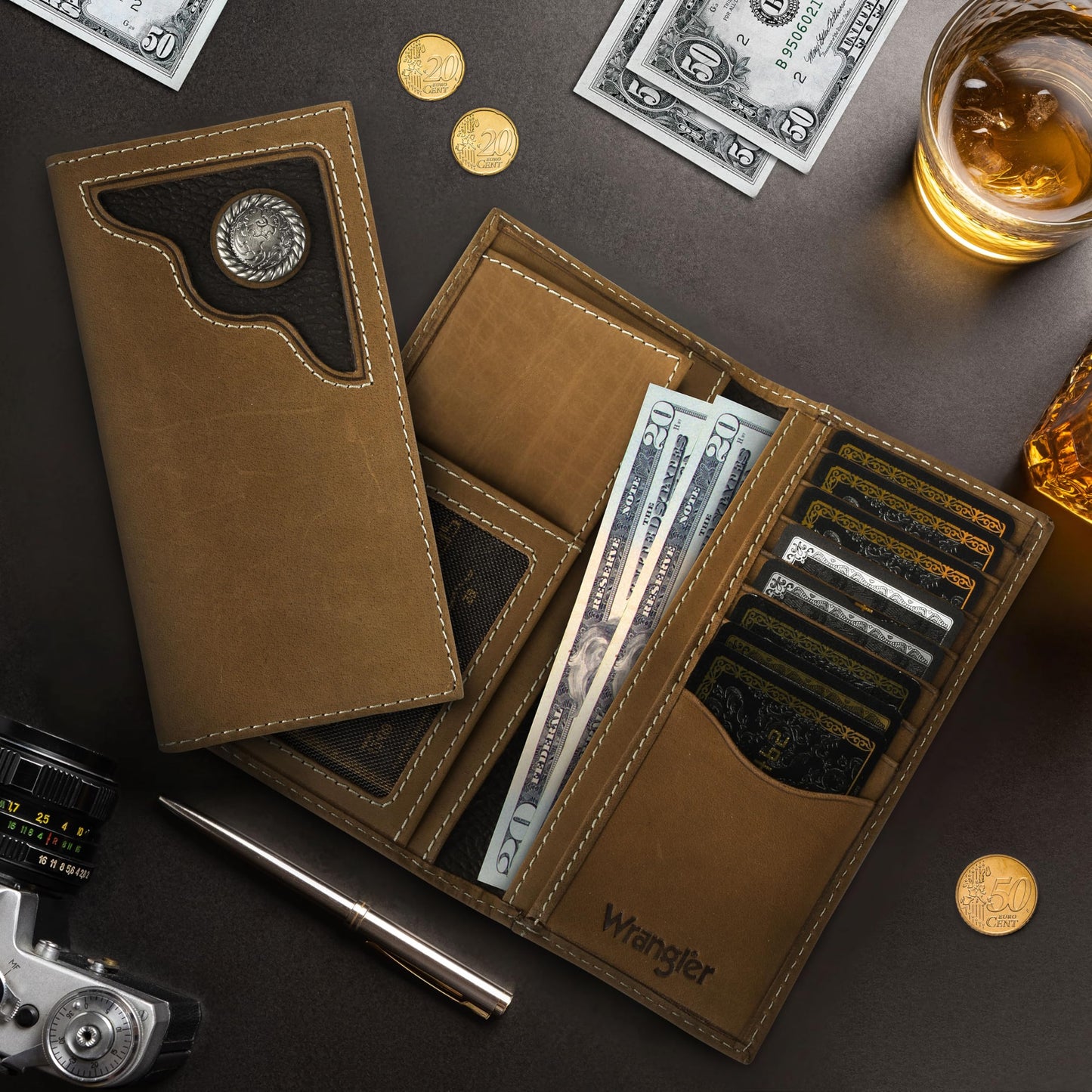 Wrangler Genuine Leather Bifold Wallet for Men - Long Wallets | Western Rodeo Wallets for Men with Extra Capacity & Gift Ready