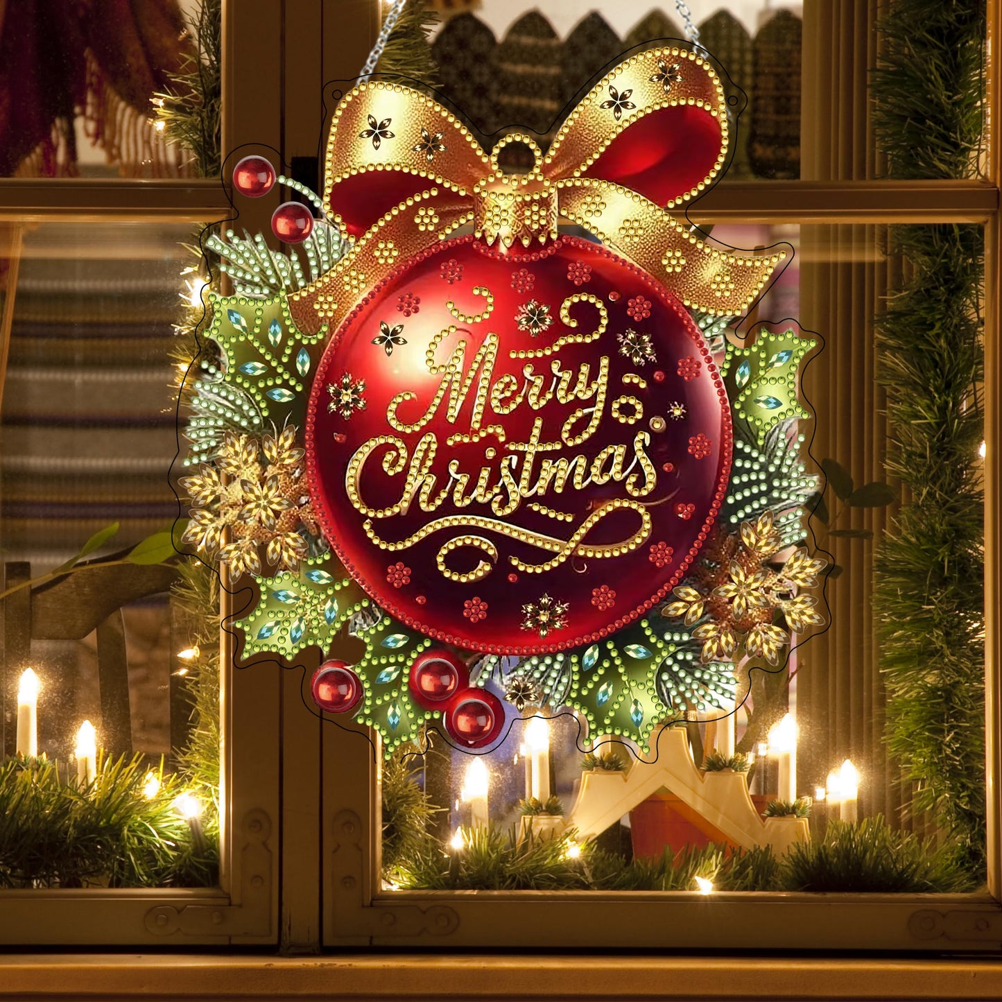 DIY Diamond Art Painting Wreath Kits，Special Shaped Rhinestone Hanging Ornament Diamond Art Window Pendants for Gift Home Garden Wall Hanging Kits,Double Sided (Merry Christmas)