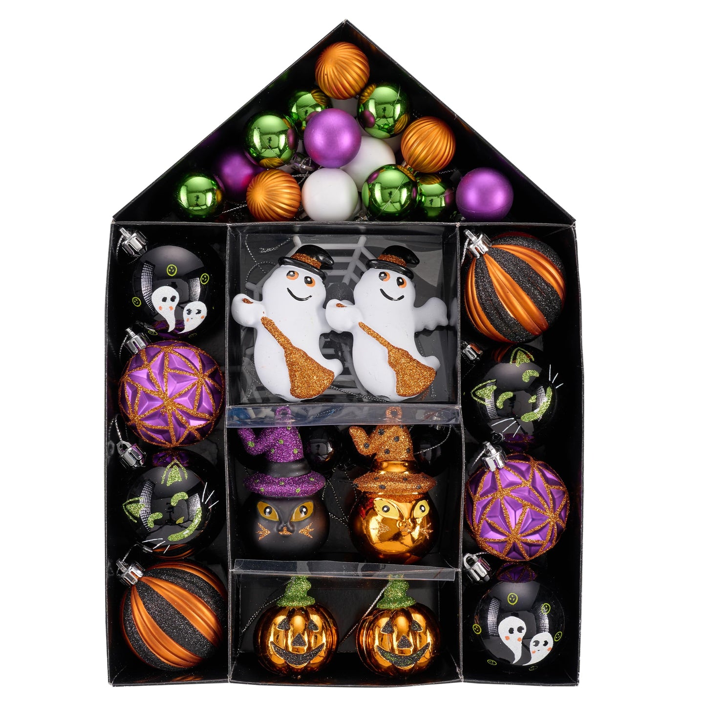 Valery Madelyn Halloween Ornaments Tree Decorations, 40ct Large Shatterproof Ghost Cat Jack-o'-Lantern Pumpkin Hanging Ball Ornaments Set for Small Tree, Cute Holiday Party Indoor Home Decor
