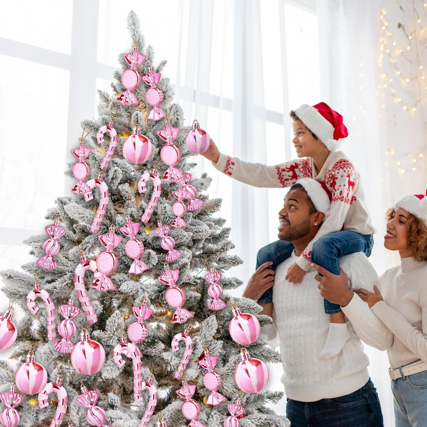 Christmas Candy Cane Lollipop Ornaments for Christmas Tree 30Pcs Xmas Plastic Peppermint Christmas Tree Hanging Ball Pendants for Xmas Party Indoor New Year Holiday Home Decorations (Pink)
