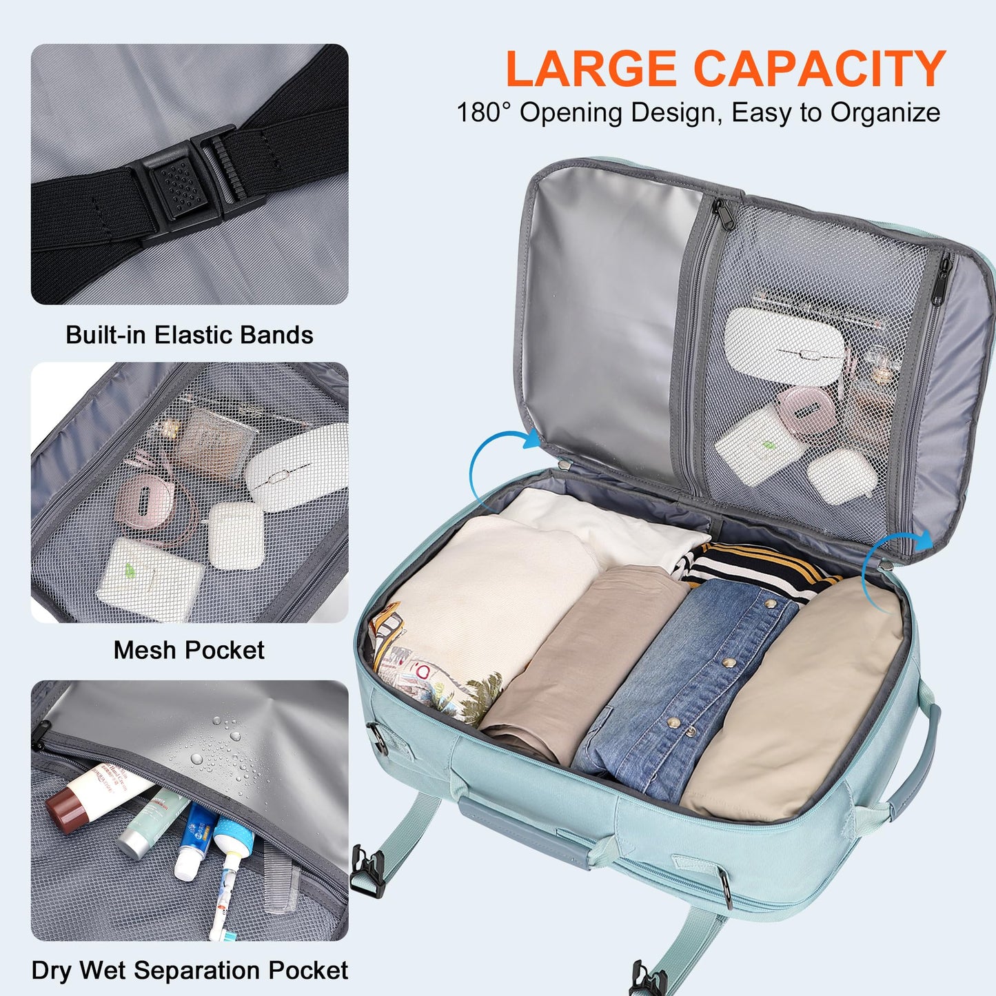 PIJUSHI Travel Backpack for Women Carry on Suitcase Backpack Flight Approved Personal Item Bag Fits 16 Inch Laptop(PE035 Blue)