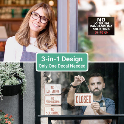 Super Sticky, 3 in 1 Design, No Soliciting, No Loitering and No Panhandling Sticker With Infographics, Weatherproof for Indoor or Outdoor Use, 5in x 7in Size is Perfect Sign for any Business or Office