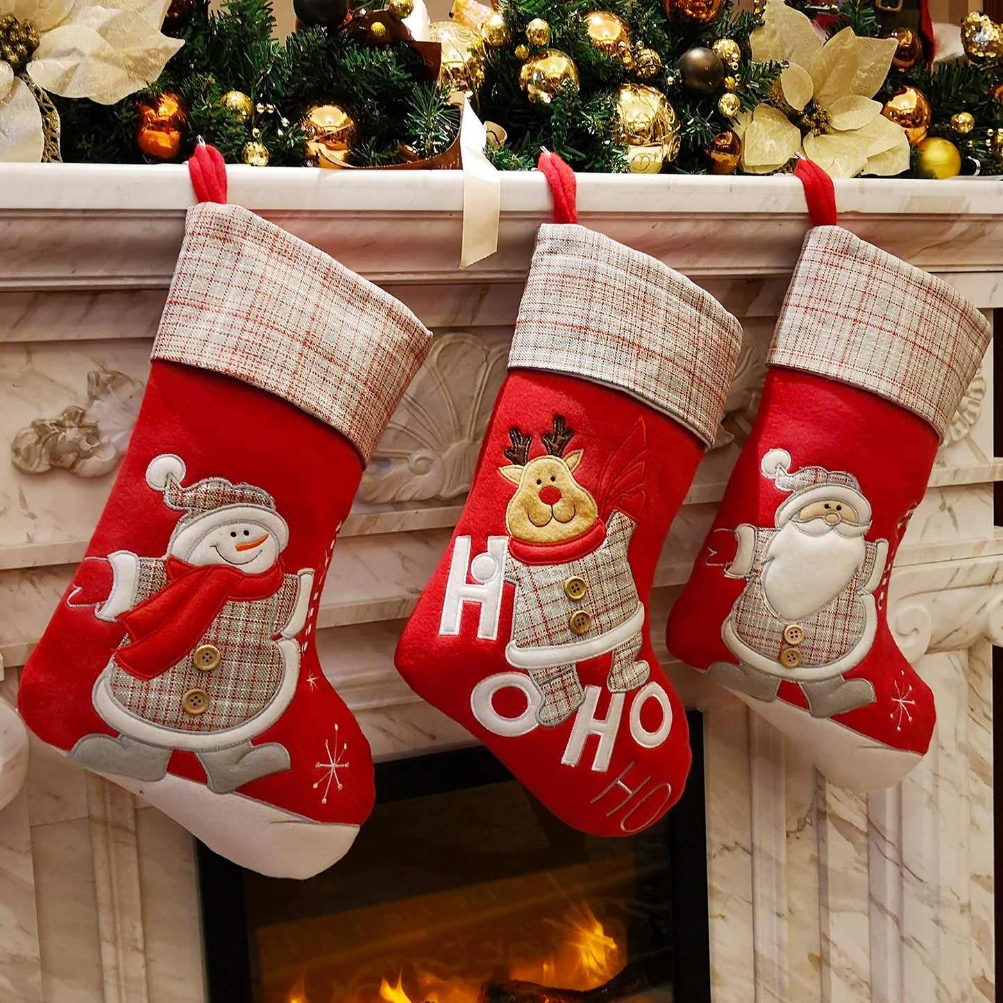 WEWILL Lovely Christmas Stockings Set of 3 Santa, Snowman, Reindeer, Xmas Character 3D Plush Linen Hanging Tag Knit Border for Family Kids