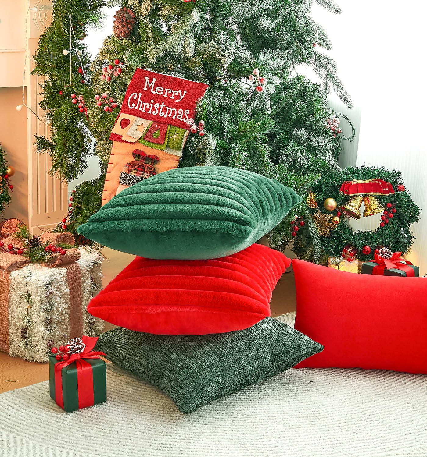 GriNeed Pack of 2 Christmas Red Pillow Covers 18x18 Inch Decorative Faux Fur Throw Pillow Cover, Soft Lumbar Plush Pillowcases for Couch Sofa Bed Living Room, Fluffy Cute Home Boho Accent Decor