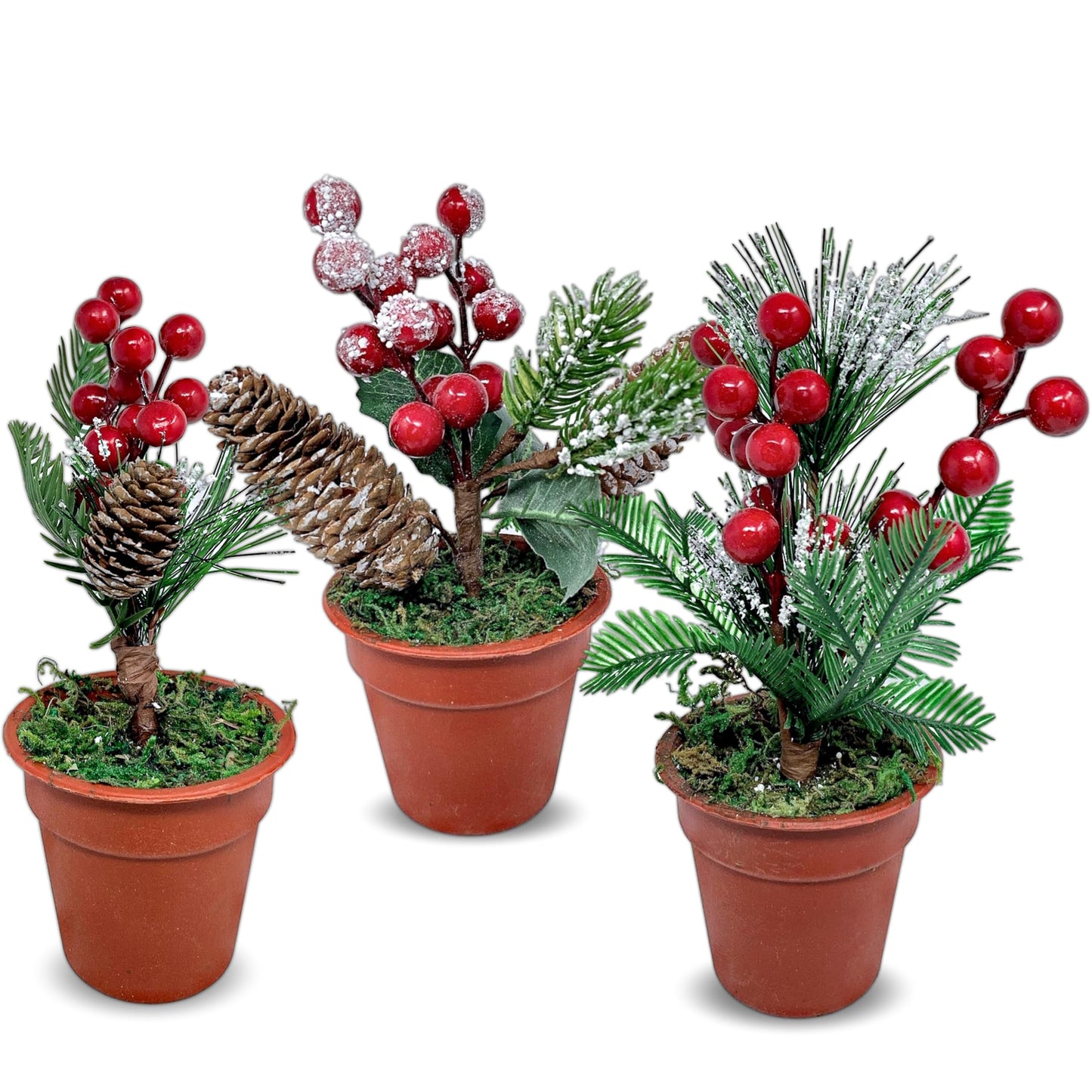 Christmas Tabletop Decorative Pots Set of 3 – Snow Flocked Pine Greenery with Red Berries & Pine Cones – Rustic Farmhouse Xmas Holiday Centerpiece Decor – 7.5 Inch Tall Winter Decorations for Home
