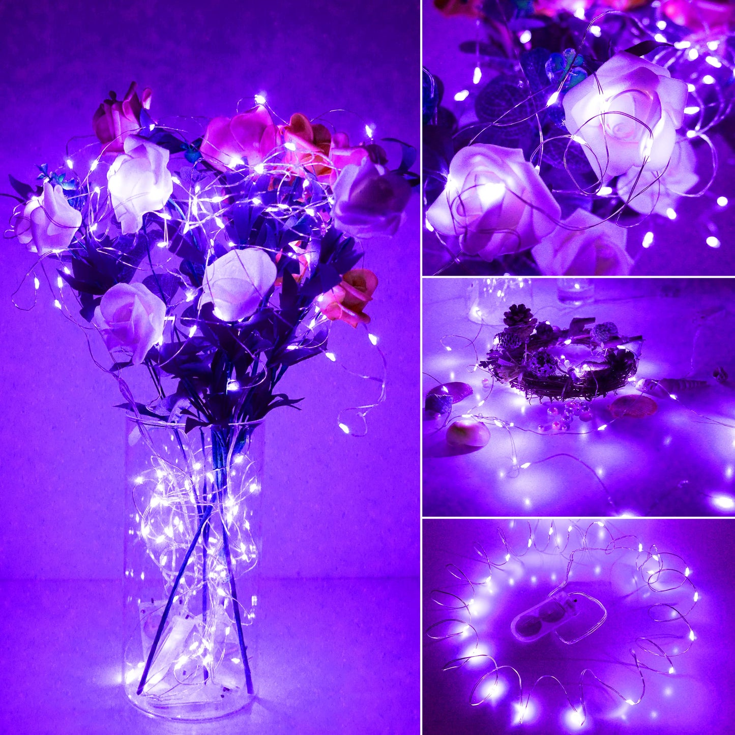 SunKite 16 Packs 20 LED Purple Fairy String Lights Battery Operated Waterproof 6.6 Feet Silver Copper Wire Firefly Starry Moon Lights for DIY Bottle Costume Wedding Party Bedroom Table Decor