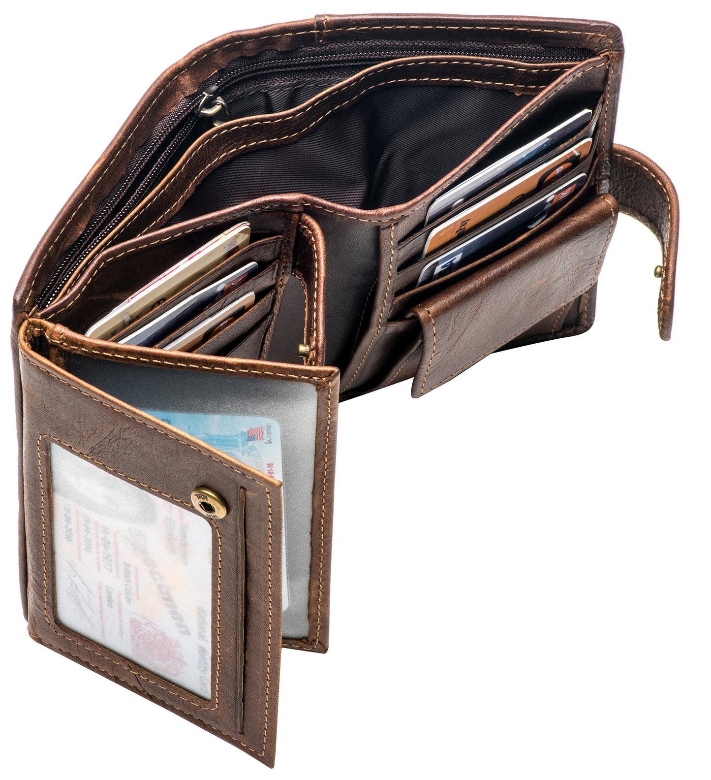 POKOFO Large RFID Genuine Leather Card Holder Trifold Wallet Snap Closure 3 ID Windows for men (Coffee)