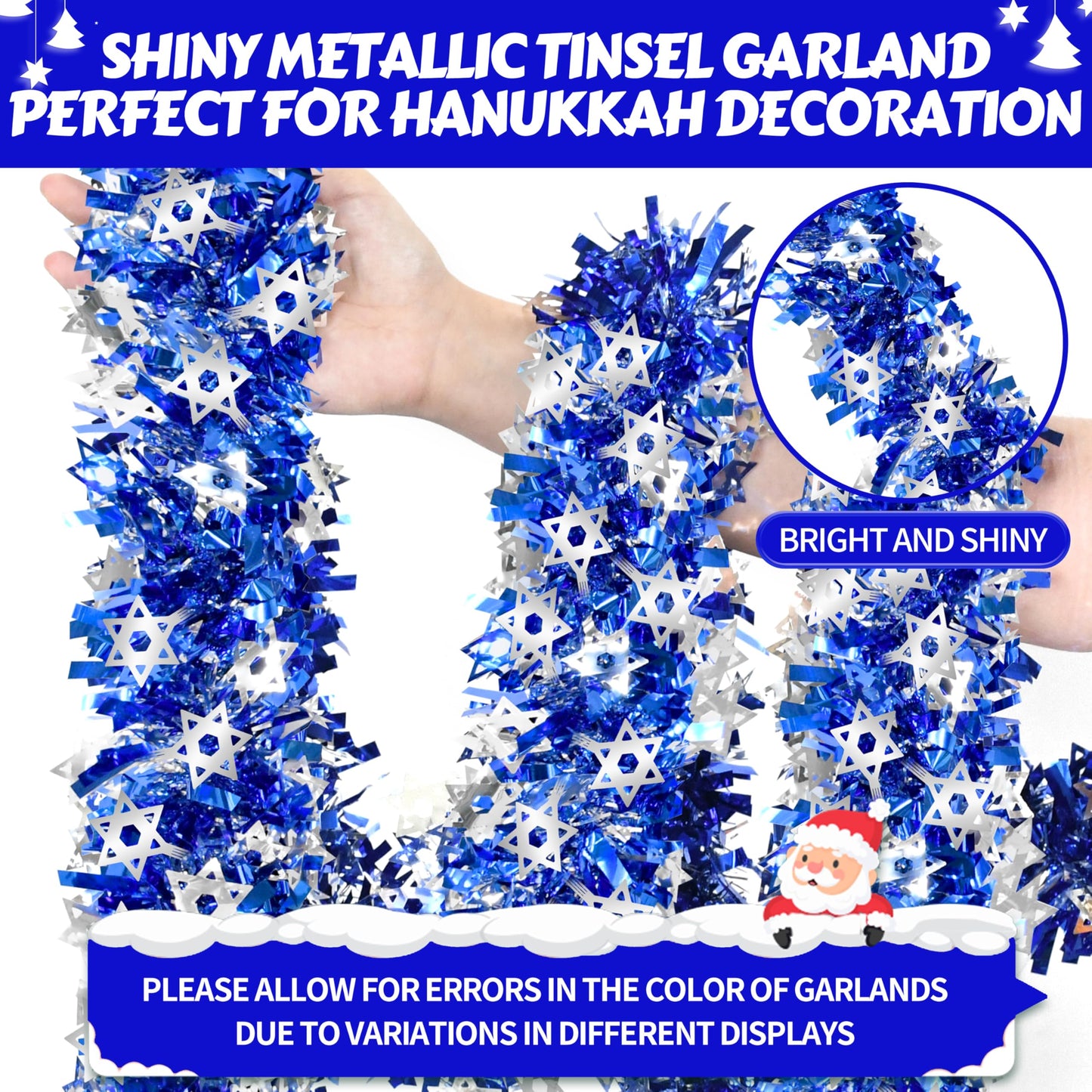 Palonu 50 Feet Hanukkah Decorations Tinsel Garland Glitter Twist Garland Metallic Menorah Ornaments Blue Metallic Streamers with Silver Star, Indoor Outdoor Chanukah Decorations Home Party Supplie
