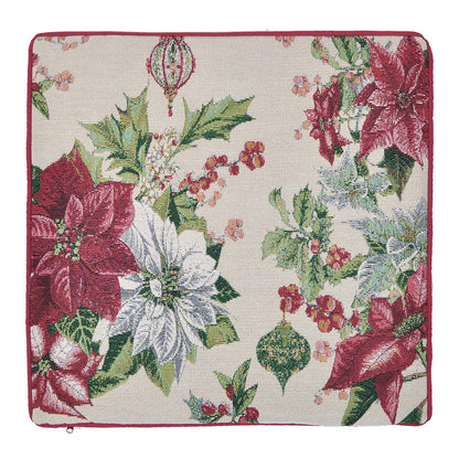 Christmas Tapestry Throw Pillow Cover 18x18 Inch - Festive Woven Jacquard Poinsettia & Holly Cushion Case - Red Piped Edges, Hidden Zipper - Decorative Holiday Home Decor for Sofa/Couch