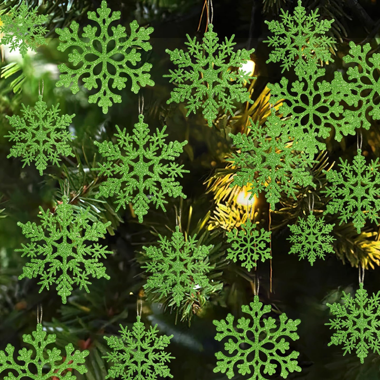 36pcs Christmas Lime Green Snowflake Ornaments，Plastic Lime Green Snow Flakes Hanging Ornaments for Christmas Tree Decor Winter Wonderland Frozen Birthday Party Holiday Home Decor Craft Snowflake