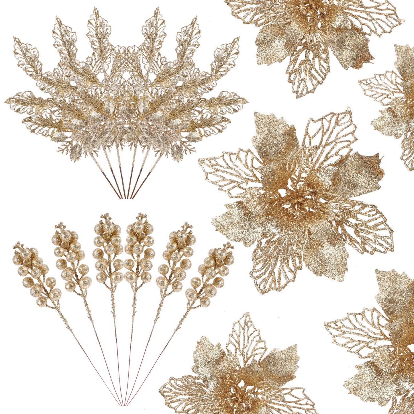 Alupssuc 24 PCS Christmas Tree Decorations, 12 PCS Poinsettia Flowers Artificial+6 PCS Glitter Holly Berry Stems+6 Berry Leaves Christmas Tree Picks for Party Wreath Fireplace, Champagne Gold