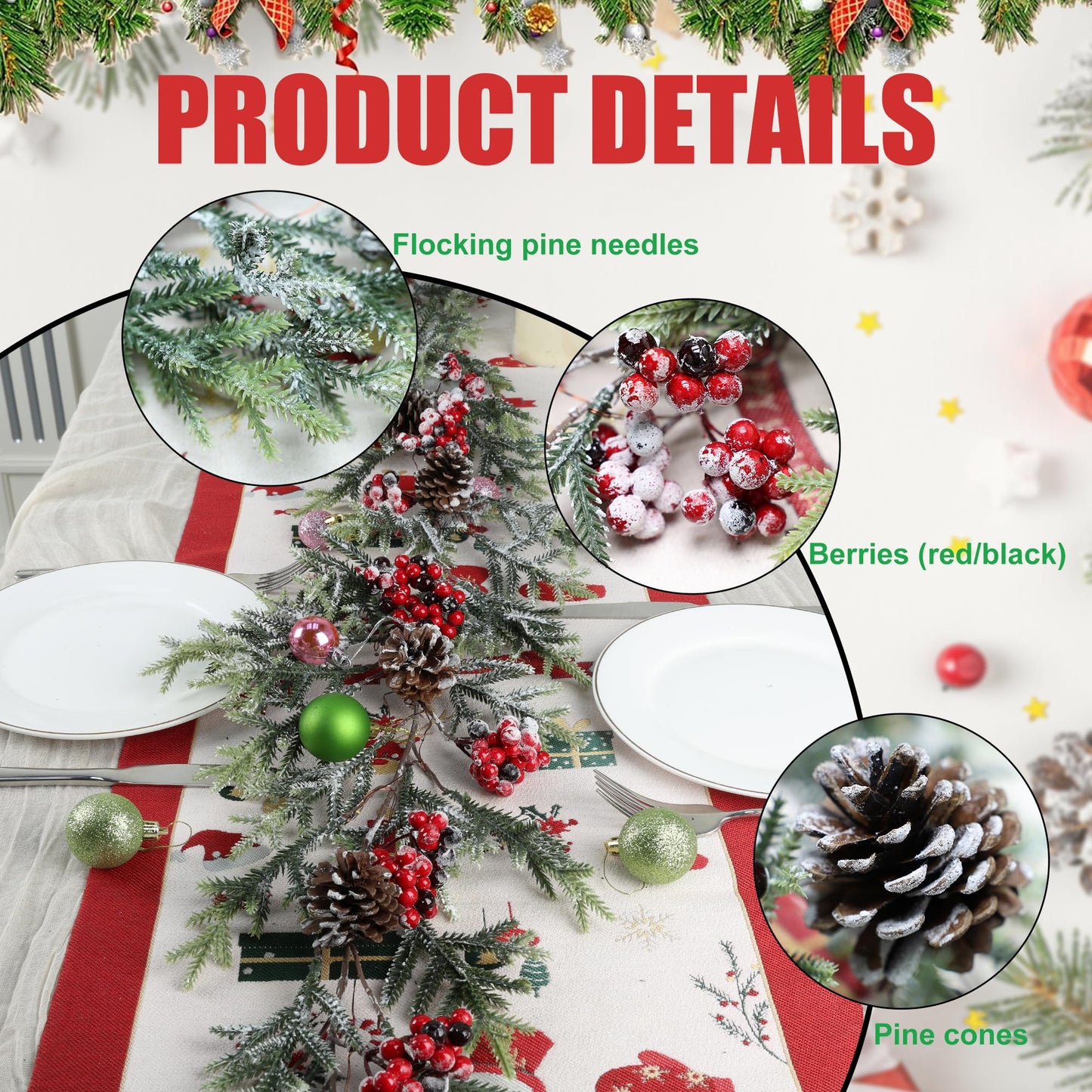OZFHUA 6 FT Christmas Garland with Lights - Pre-Lit Artificial Christmas Garland, Flocked Garland with Red Berries Pine Cones for Decoration, Mantle Stairs Railing Home Xmas Decoration Indoor