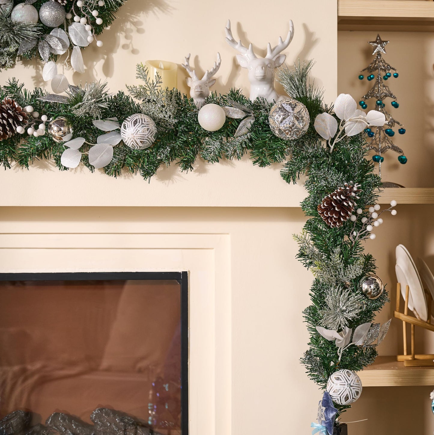 Valery Madelyn 6 Feet Pre-Lit Christmas Garland with Lights for Mantle, Lighted Outdoor Xmas Garland with Snowy White Ball Pinecones for Home Stairs Fireplace Table Centerpiece Indoor Holiday Decor