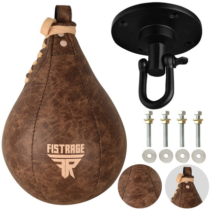 FISTRAGE Speed Bag Boxing Ball Leather MMA Muay Thai Training Punching Dodge Striking Kit with Free Hanging Swivel Workout Speedball Kicking Platform Equipment (Vintage Beige)