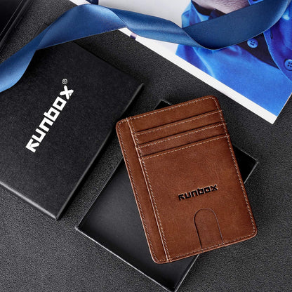 RUNBOX Slim Minimalist Front Pocket RFID Blocking Leather Wallets for Men and Women Gift Box