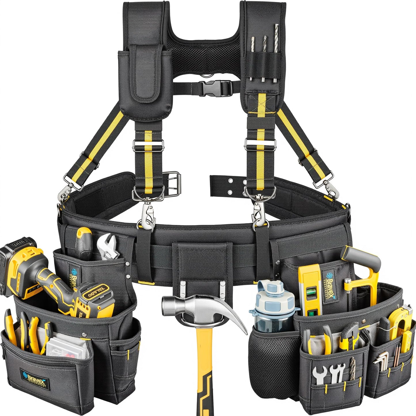 Bravex Tool Belt Suspenders, Tool Vest Pro Ultra 20 Bags H-Style Toolbelt 5 Combo Apron Tool Pouch For Framers Carpenter Electrician 1200D Ballistic Nylon