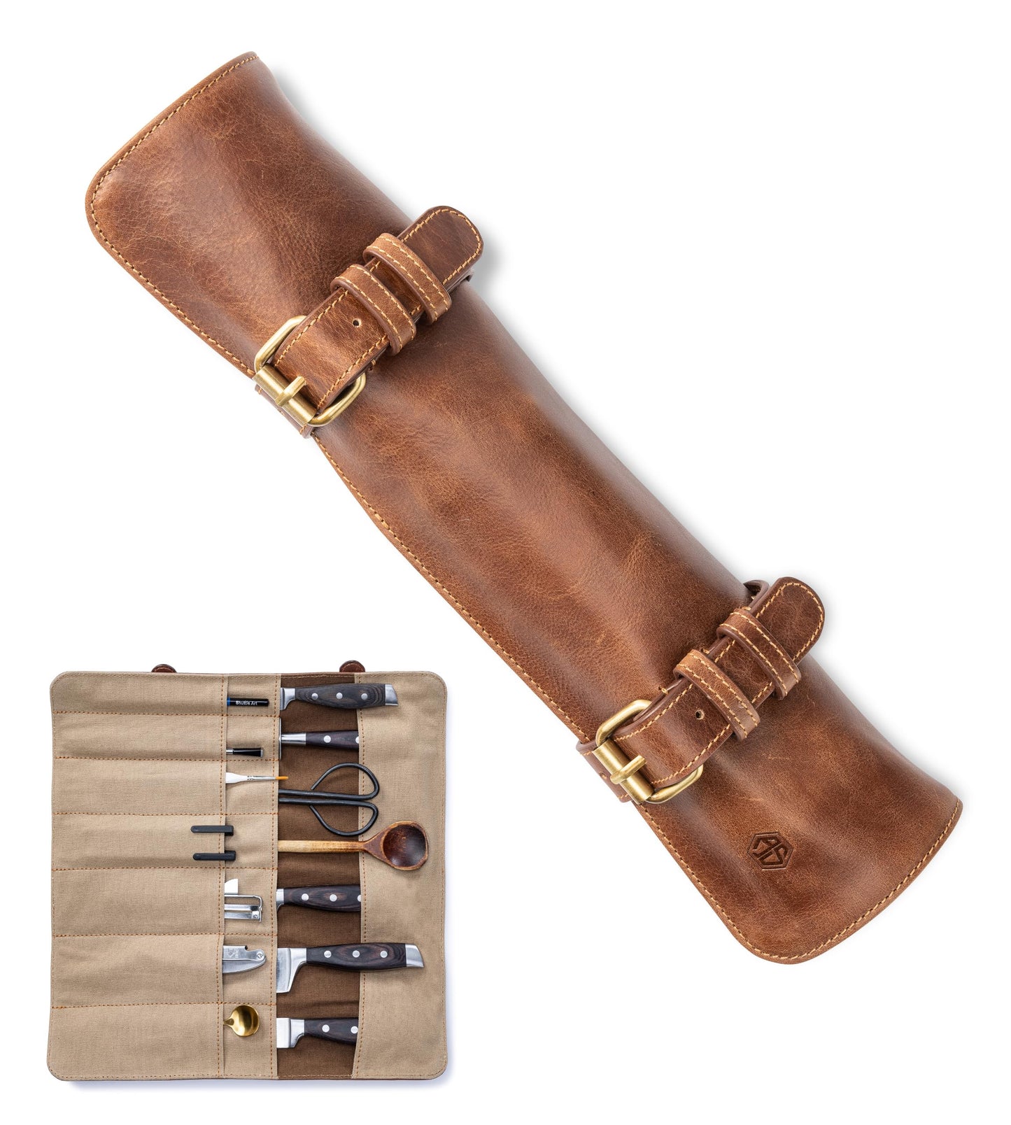 Angus Stoke knife roll bag made of real buffalo leather | 14-slot leather knife case for chef's knives - large knife bag Duplex (brown)