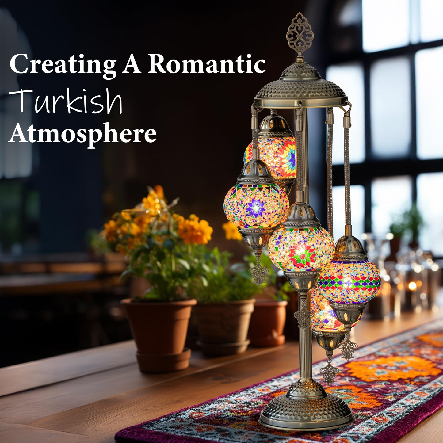 Marrakech Turkish Mosaic Lamp 5 Globes Moroccan Table Lamps with Bronze Base, 31" Tall Handmade Colorful Tiffany Stained Glass Lamp Including LED Bulb for Living Room Bedroom (Mixed Color)