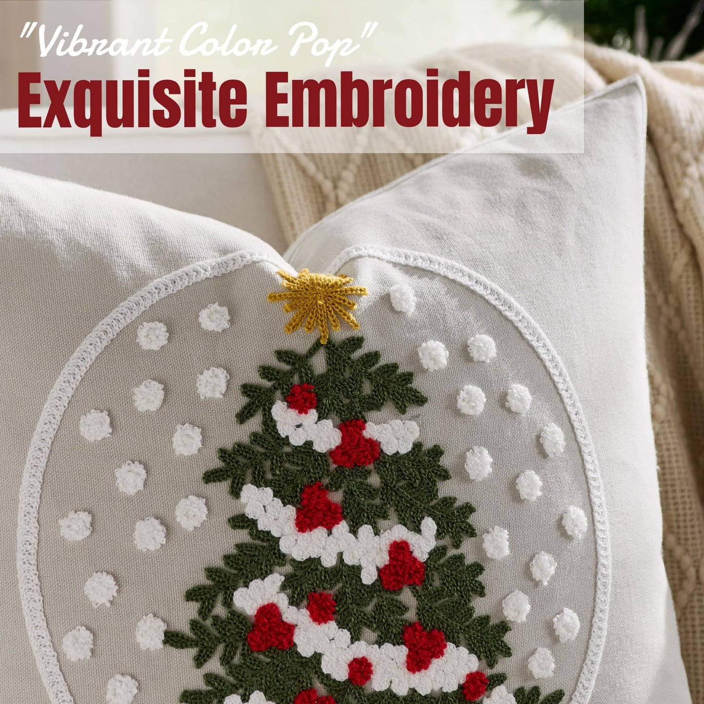 Farmhouse Christmas Pillow Covers 18x18 Set of 2, Xmas Embroidered Throw Cushion Cases with Festive Patterns for Rustic Home Holiday Decor (Snow Globe Christmas Tree, 18" x 18" (Pack of 2))