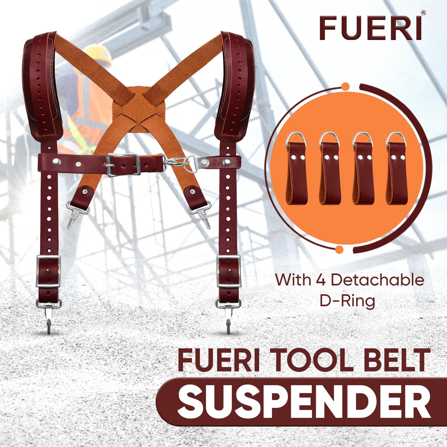 FUERI Maroon Full Grain Leather Tool Belt Suspender for Men | Heavy Duty Tools Suspenders with Foam Padding on Shoulder | Adjustable Suspender With 4 Loops for Carpenters and Electricians