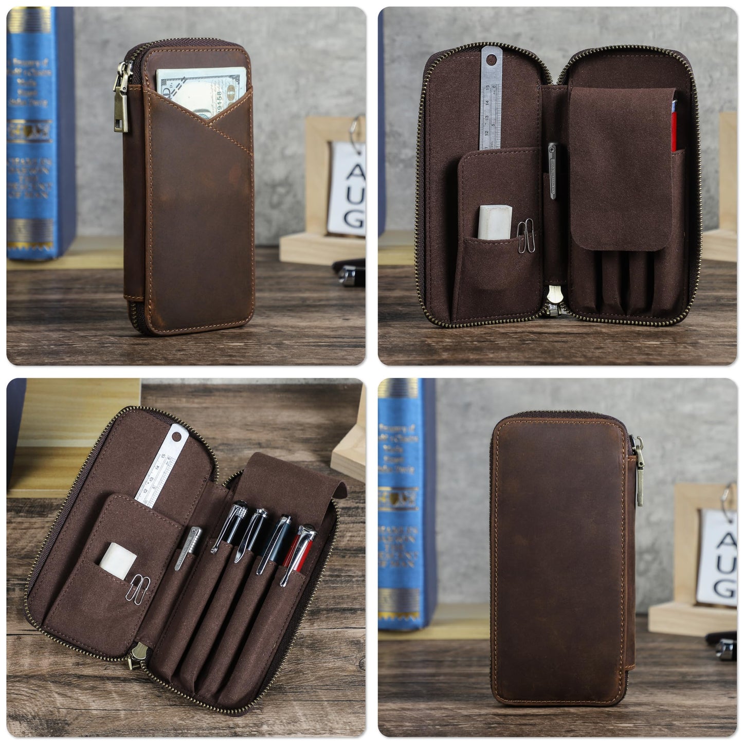 CataPurus Top Grain Genuine Leather 4 Fountain Pen/Pencil Case Pouch, Handmade Minimalist Design, Zipper Closure with Multi-Function & Slots, Gift Choice for Man/Woman/Office, Matte Coffee, 4 Slots