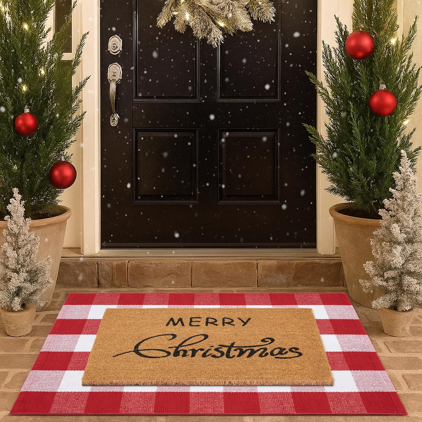 Christmas Door Mat Combo Set - 100% Coco Coir Welcome Mat + 3' x 5' Red and White Plaid Rug, Christmas New Year Holiday Collection Doormat for Front Porch Entryway Decorative