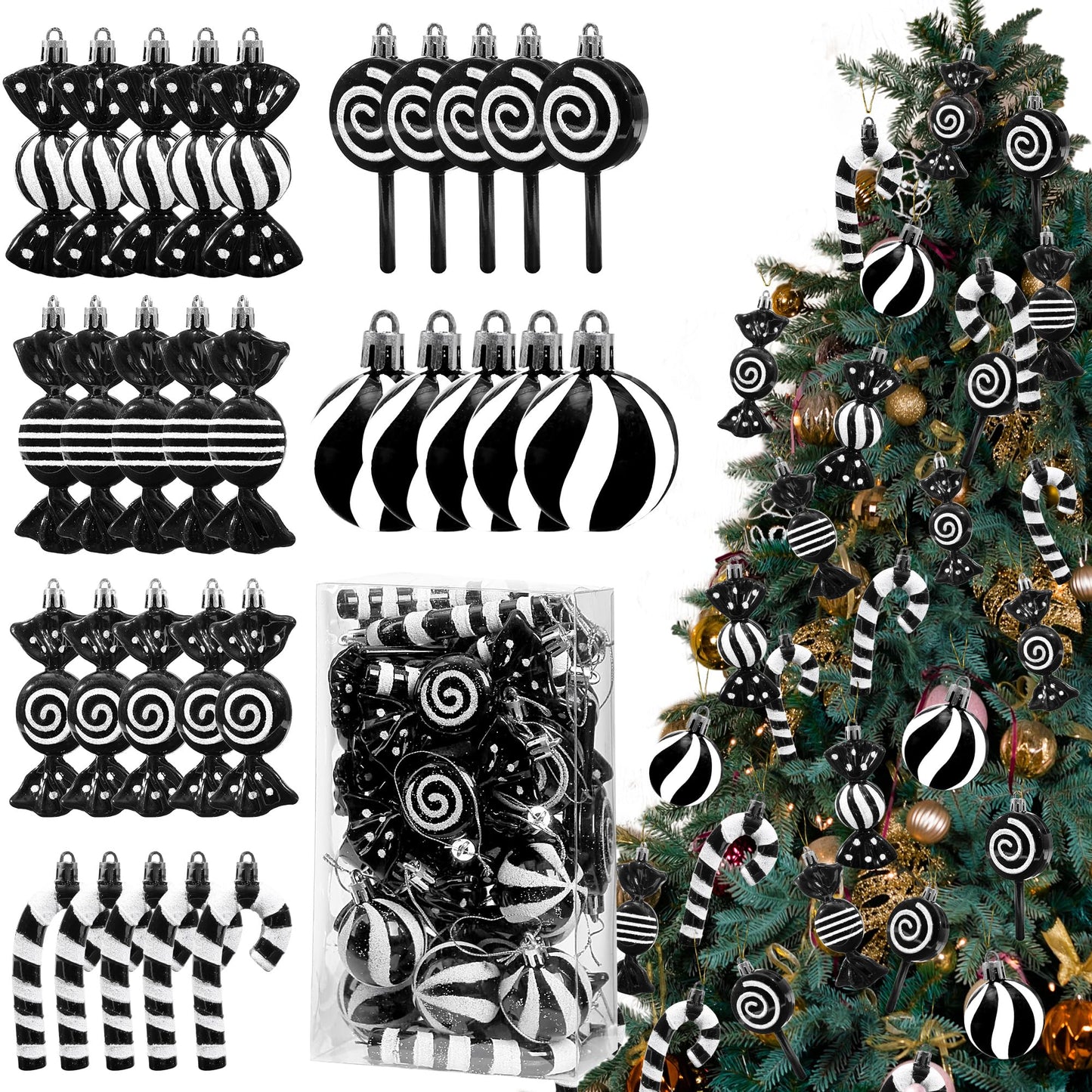 Christmas Candy Cane Lollipop Ornaments for Christmas Tree 30Pcs Xmas Plastic Peppermint Christmas Tree Hanging Ball Pendants for Xmas Party Indoor New Year Holiday Home Decorations (Black)