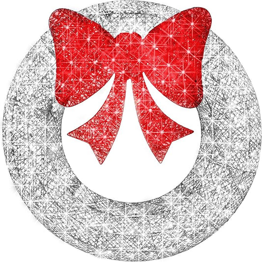 Best Choice Products 30in Pre-Lit Outdoor Christmas Wreath Decoration, LED Metal Holiday Decor for Home w/ 100 Lights, Bow - Silver/Red