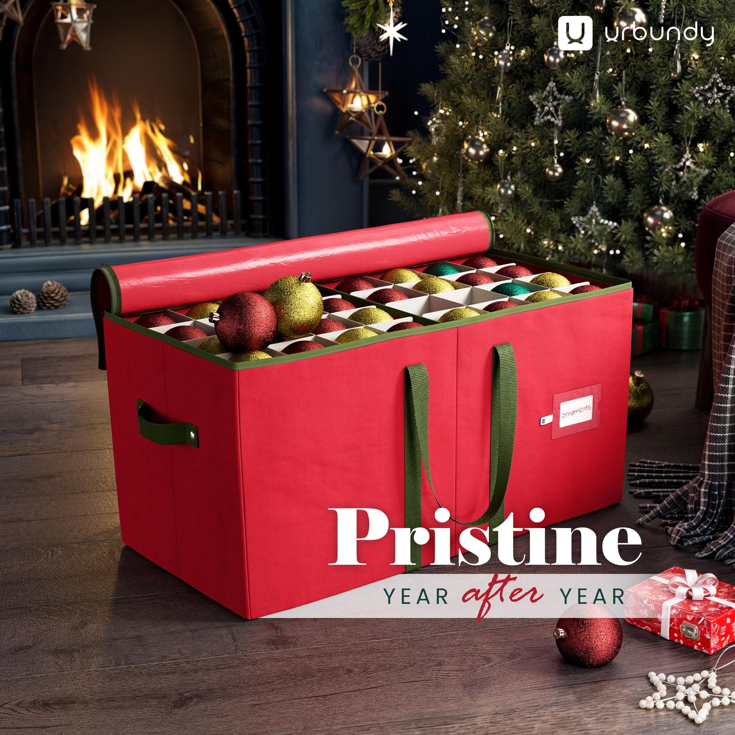 URBUNDY Christmas Ornament Storage Box - Red, Fits 128 Ornaments - Organizer With Dividers & Handles