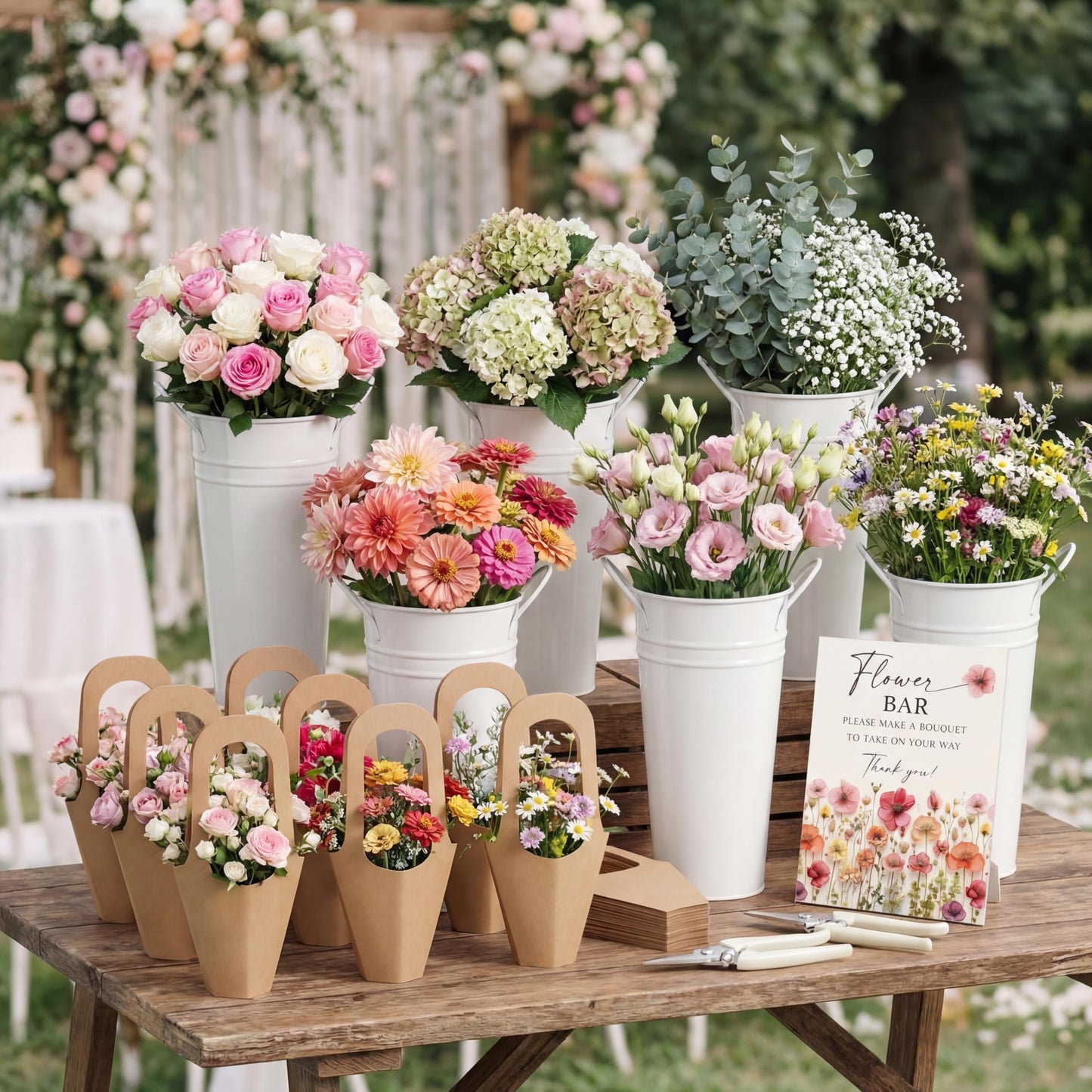 LEIFIDE Flower Bar Buckets Set Kit Bloom Bar Supplies Include Wood Sign Gift Bags Iron Bucket Garden Flower Shears for Wedding Bridal Shower Graduation Birthday Table Centerpieces(39 Pcs,Light Beige)